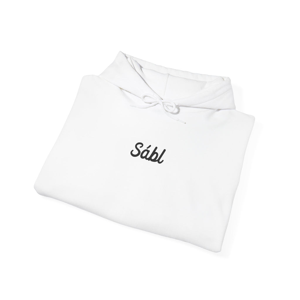 Sábl Minimal Script Hoodie — Cozy White Pullover with Small Center Logo