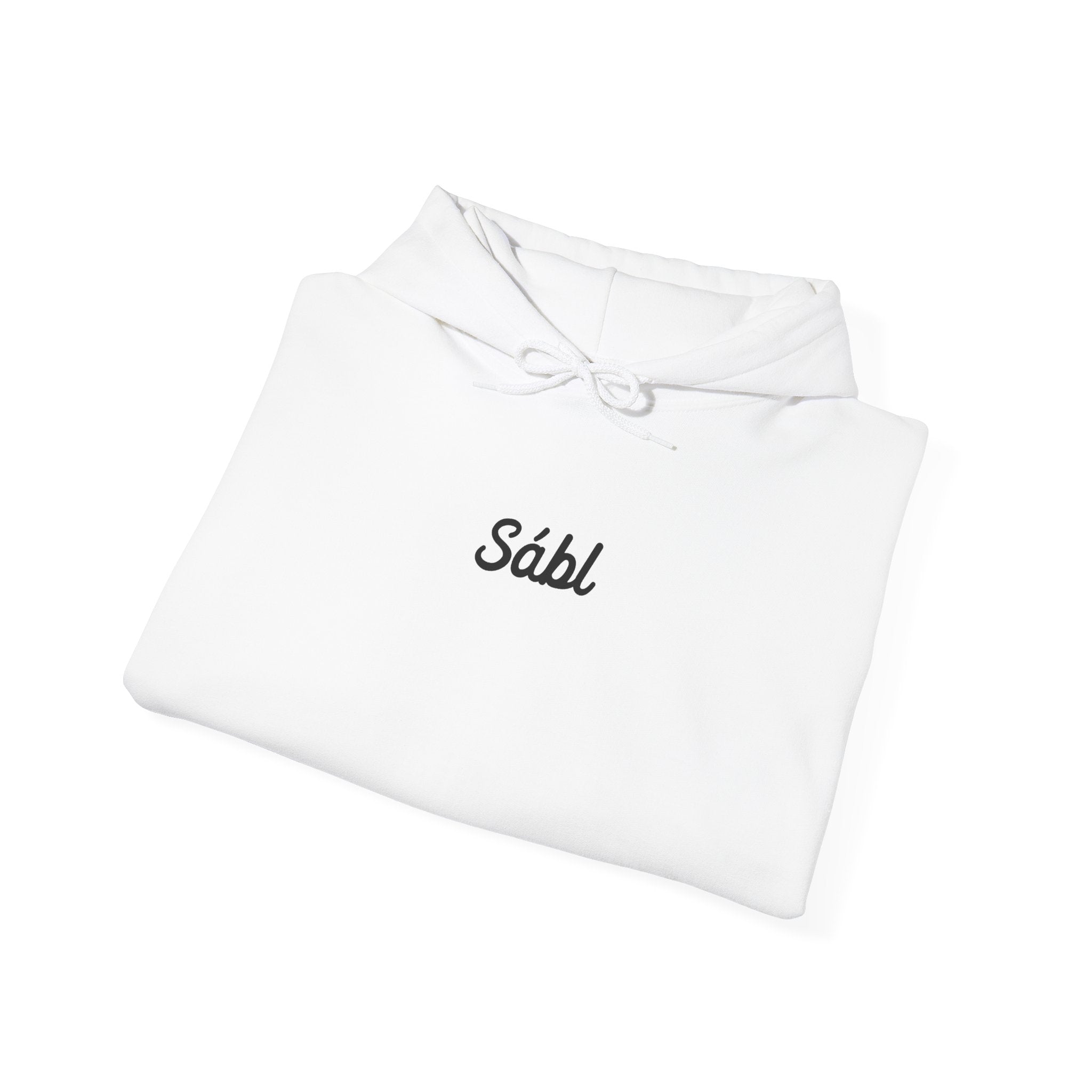Sábl Minimal Script Hoodie — Cozy White Pullover with Small Center Logo