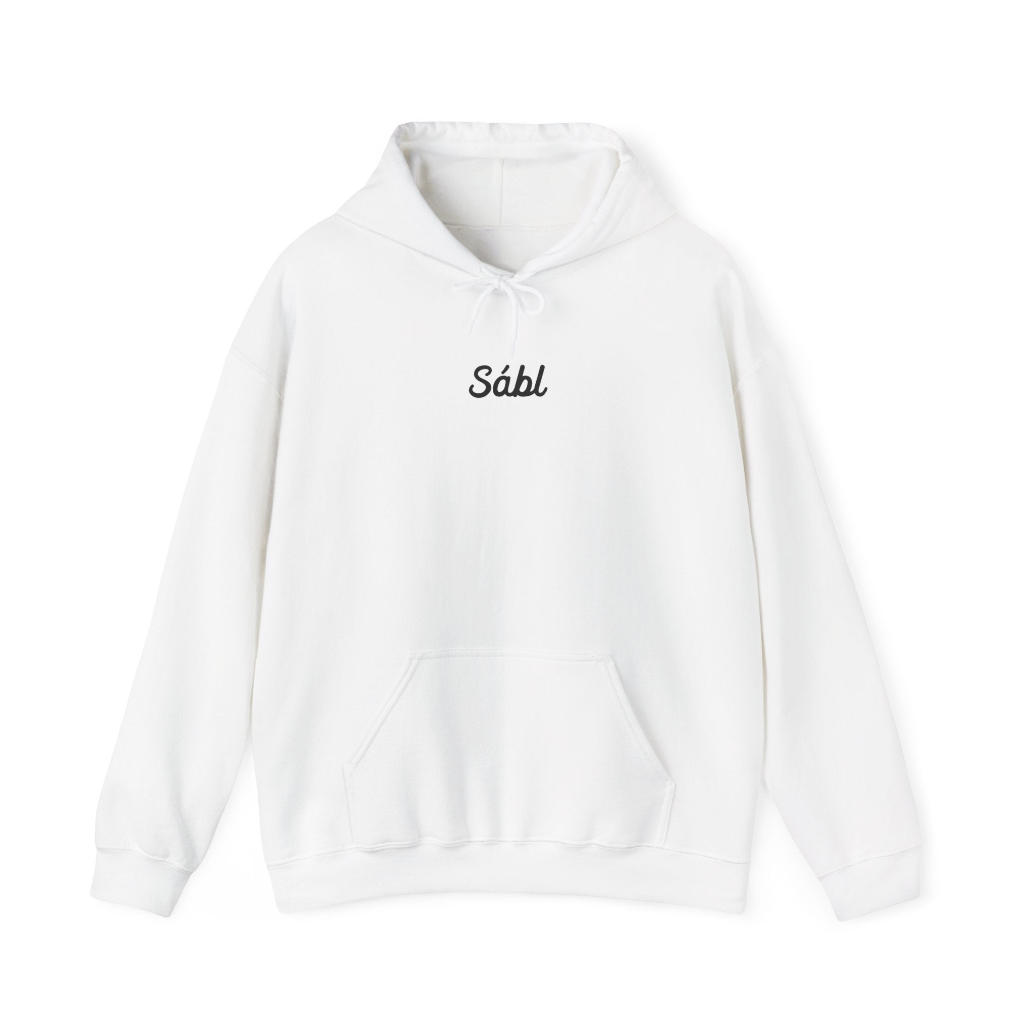 Sábl Minimal Script Hoodie — Cozy White Pullover with Small Center Logo