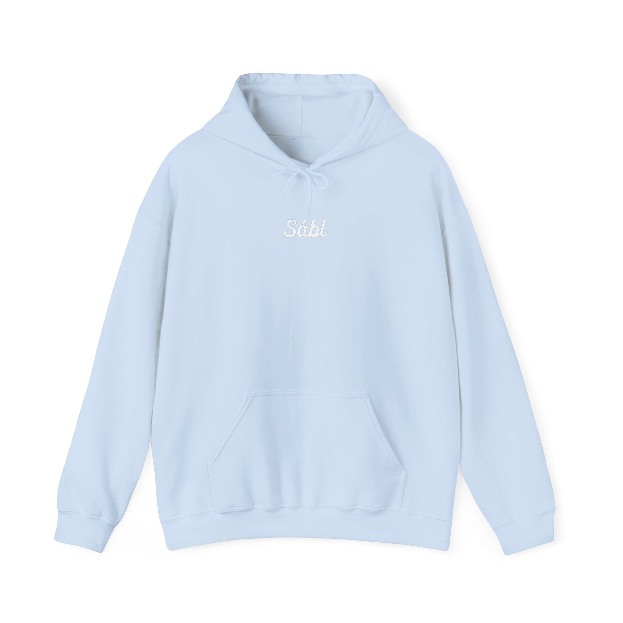 Sábl Minimal Script Hoodie — Cozy White Pullover with Small Center Logo