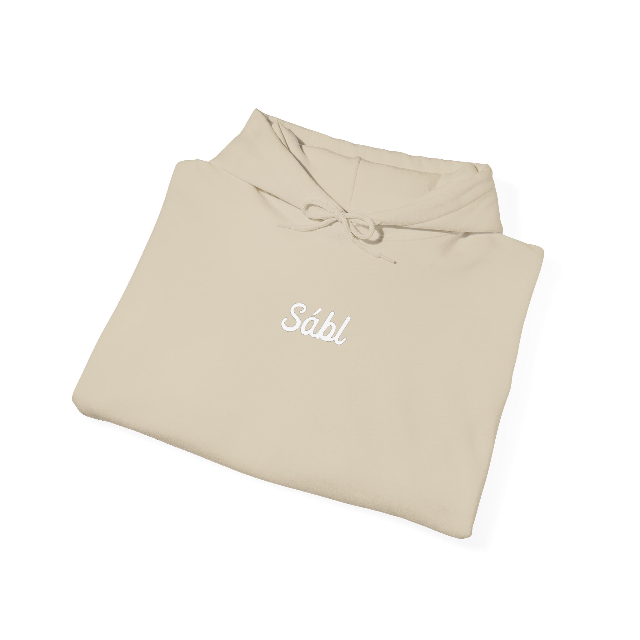 Sábl Minimal Script Hoodie — Cozy White Pullover with Small Center Logo