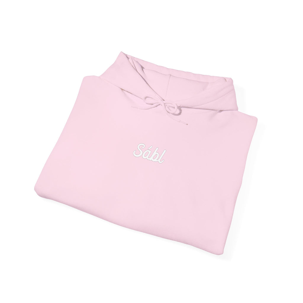 Sábl Minimal Script Hoodie — Cozy White Pullover with Small Center Logo