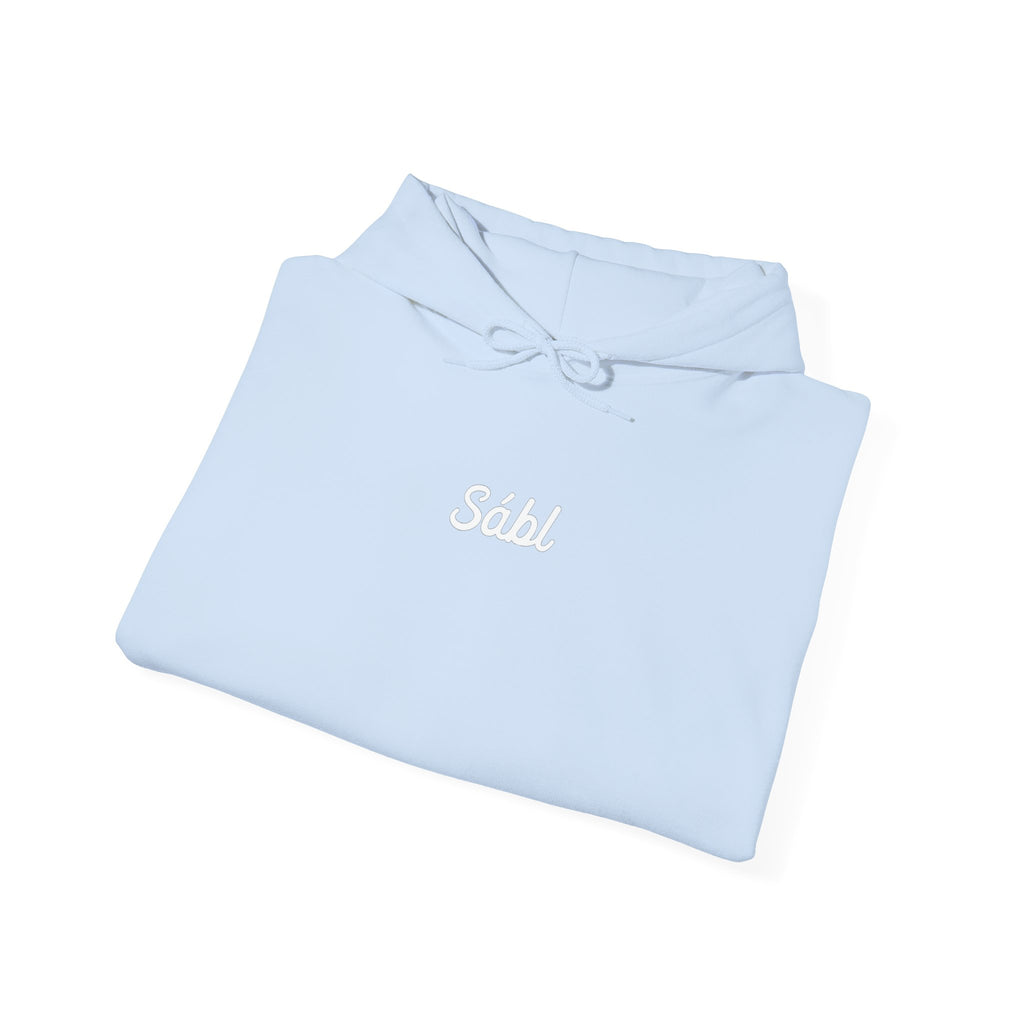 Sábl Minimal Script Hoodie — Cozy White Pullover with Small Center Logo